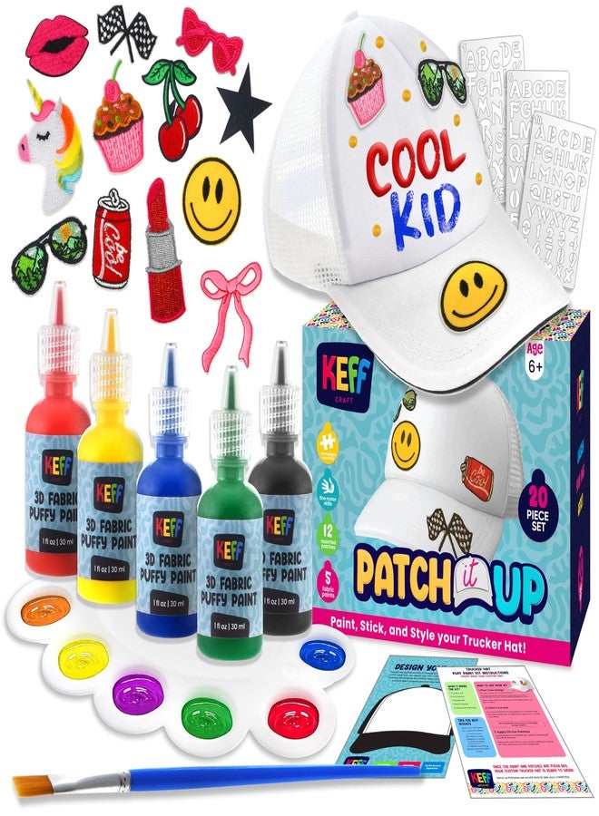KEFF Decorate Your Own Blank Trucker Hat for Kids - Includes 1 Mesh-Back Cap, 12 Embroidered Patches (Stick on Patches), 5 Puff Paints, Paint Brush, Palette, 3-Style Letter Stencils & Instructions - Image 1