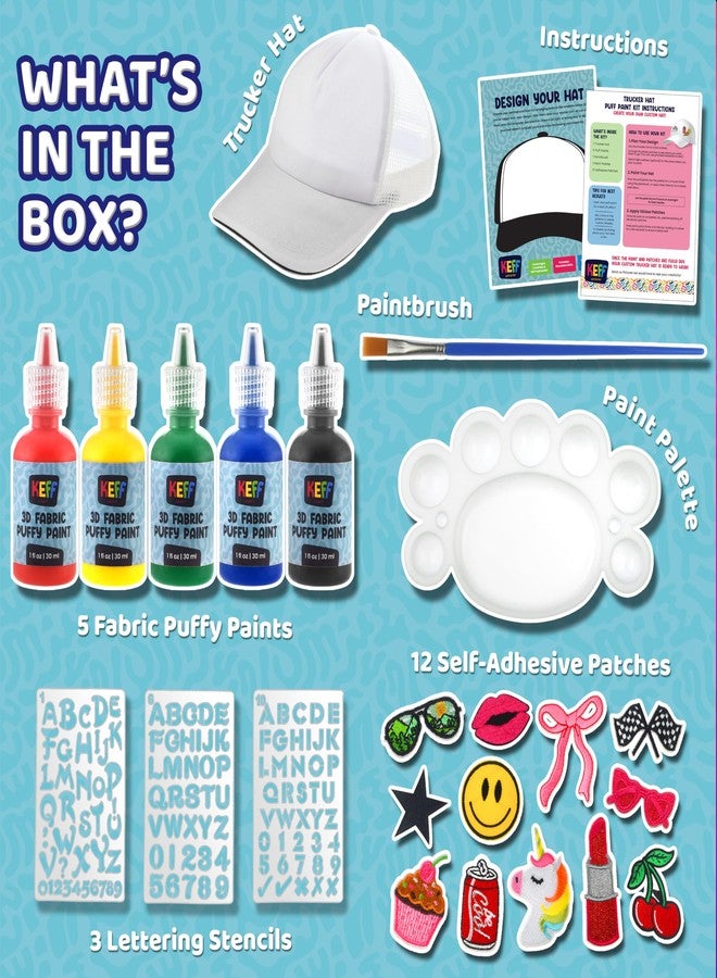 KEFF Decorate Your Own Blank Trucker Hat for Kids - Includes 1 Mesh-Back Cap, 12 Embroidered Patches (Stick on Patches), 5 Puff Paints, Paint Brush, Palette, 3-Style Letter Stencils & Instructions - Image 2