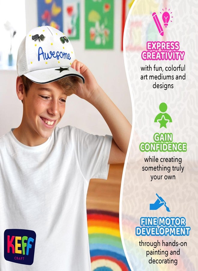 KEFF Decorate Your Own Blank Trucker Hat for Kids - Includes 1 Mesh-Back Cap, 12 Embroidered Patches (Stick on Patches), 5 Puff Paints, Paint Brush, Palette, 3-Style Letter Stencils & Instructions - Image 3