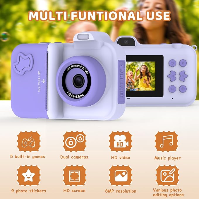 MISIRUN Instant Print Camera for Kids Ages 4-12, Birthday Gift for Girl boy | Instantly print photos, record 1080P videos, take selfies, and create with 5 paper rolls, stickers, pens, and a 32GB card. - Image 4