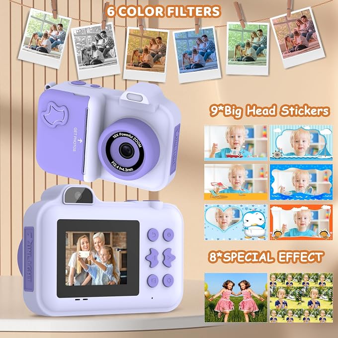 MISIRUN Instant Print Camera for Kids Ages 4-12, Birthday Gift for Girl boy | Instantly print photos, record 1080P videos, take selfies, and create with 5 paper rolls, stickers, pens, and a 32GB card. - Image 2
