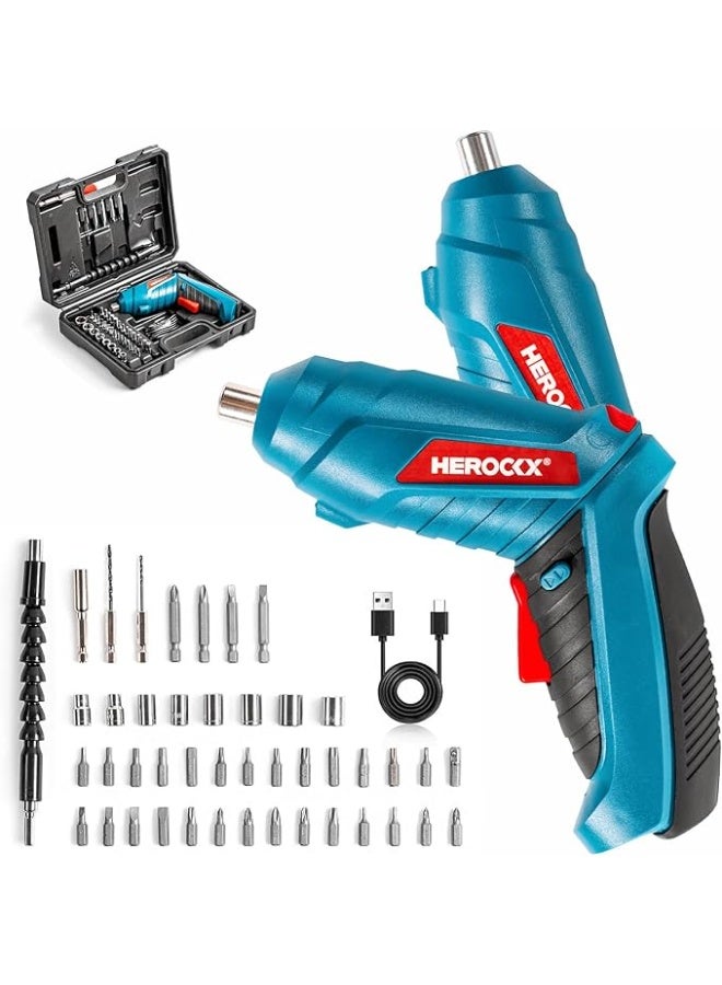 Electric Screwdriver Set, 47 In 1 Usb Rechargeable 1300Mah HEROCKX Screwdriver Gun Twistable Handle, 3.6V Drill Screwdriver Bits Set With Built-In Led,blue - Image 1