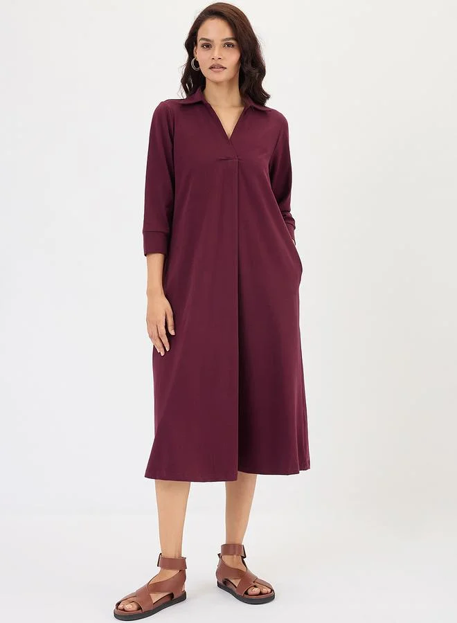 Wine A-Line Midi Dress with 3/4 Sleeves