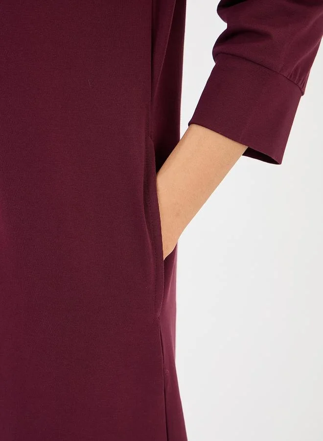 Femmella Wine A-Line Midi Dress with 3/4 Sleeves