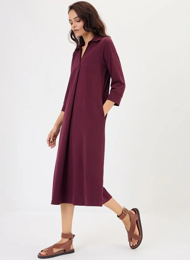 Femmella Wine A-Line Midi Dress with 3/4 Sleeves
