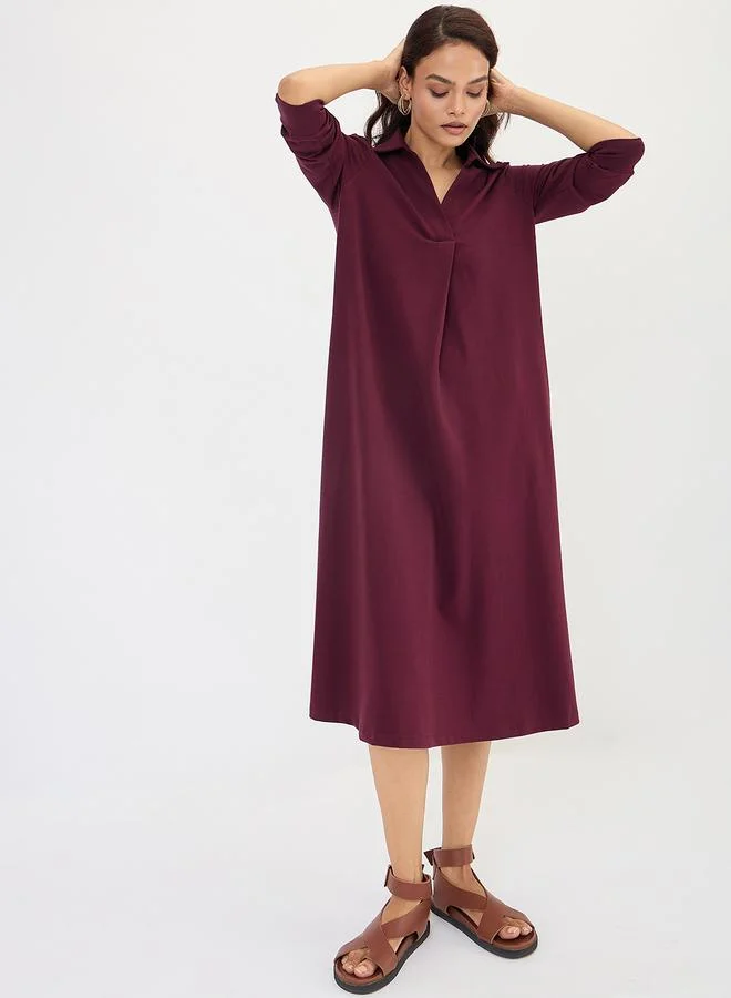 Femmella Wine A-Line Midi Dress with 3/4 Sleeves
