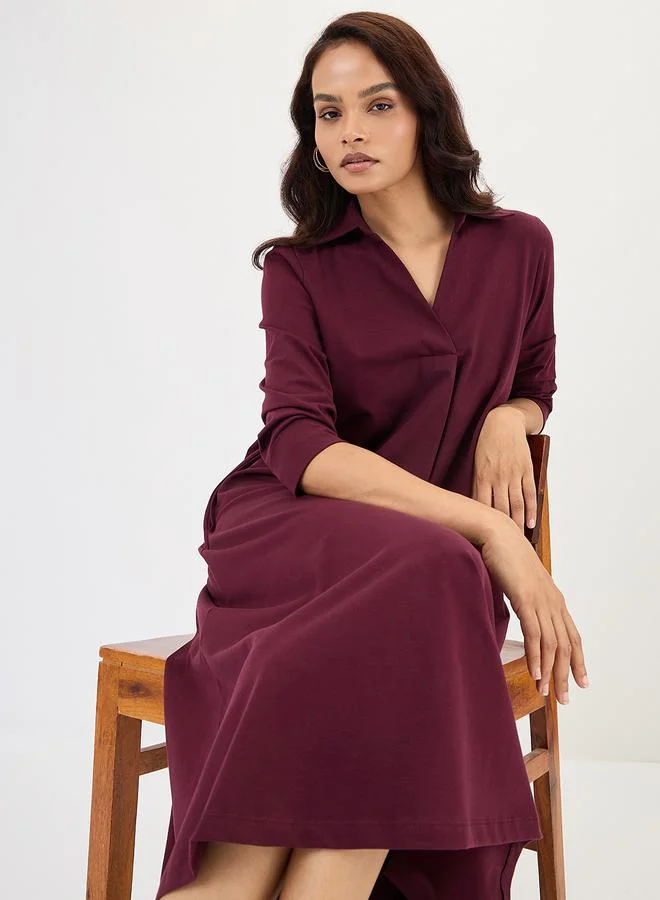 Femmella Wine A-Line Midi Dress with 3/4 Sleeves