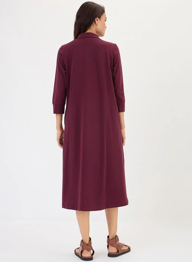 Femmella Wine A-Line Midi Dress with 3/4 Sleeves