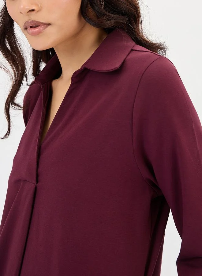 Femmella Wine A-Line Midi Dress with 3/4 Sleeves