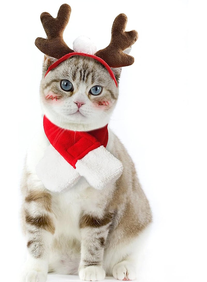 استمتع بأزياء عيد الميلاد للحيوانات الأليفة للقطط والكلاب الصغيرة، عصابة رأس على شكل قرون الرنة للقطط مع وشاح عيد الميلاد، قبعة رنة قابلة للتعديل للكلاب وشاح سانتا، زي تنكر لعيد الميلاد للقطط الصغيرة - Image 1