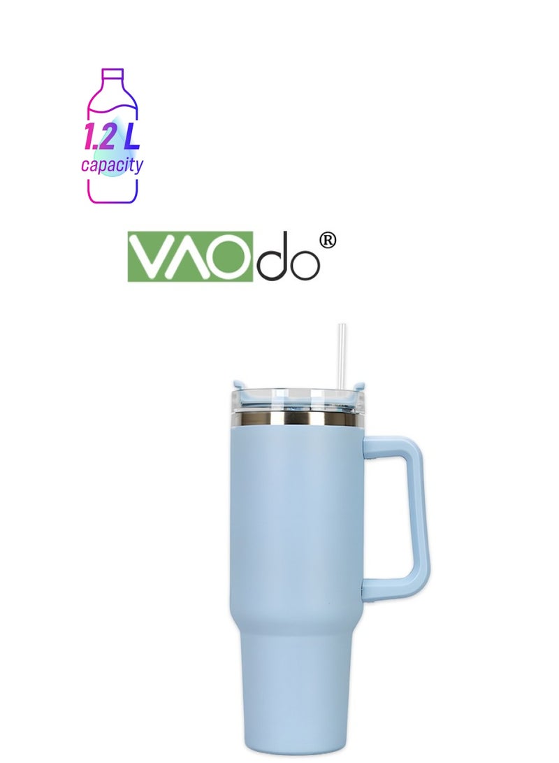 VAOdo Stainless Steel Double Layer Vacuum Hot Water Cup With Handle Lid And Straw To Keep Drinks Cool For Up To 24 Hours Dishwasher Safe 1200ml Blue - Image 2