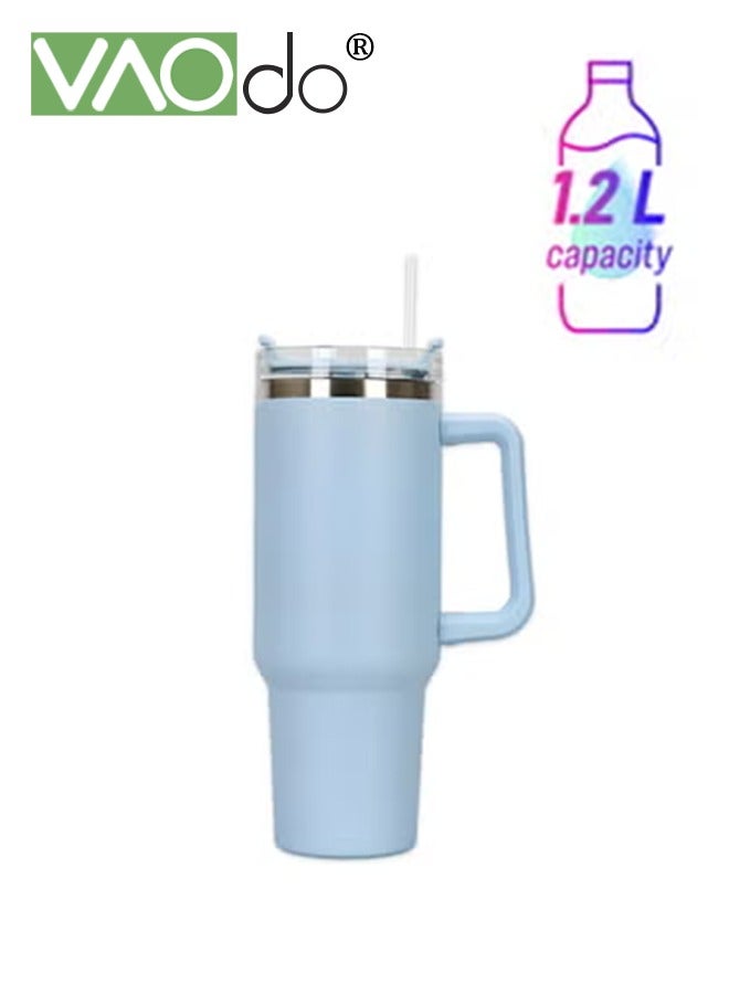 VAOdo Stainless Steel Double Layer Vacuum Hot Water Cup With Handle Lid And Straw To Keep Drinks Cool For Up To 24 Hours Dishwasher Safe 1200ml Blue - Image 1