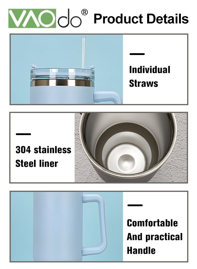 VAOdo Stainless Steel Double Layer Vacuum Hot Water Cup With Handle Lid And Straw To Keep Drinks Cool For Up To 24 Hours Dishwasher Safe 1200ml Blue - Image 3