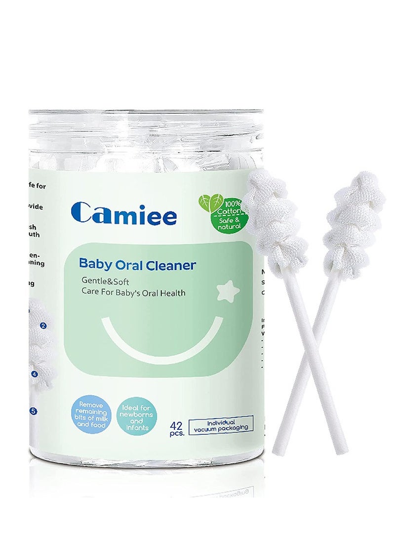 Camiee منظف ​​فم الطفل 42 قطعة فرشاة أسنان مطورة للوضع الحلزوني لمرة واحدة للأطفال من 6 إلى 12 شهرًا لتنظيف لسان الفم واللسان لحديثي الولادة - Image 1