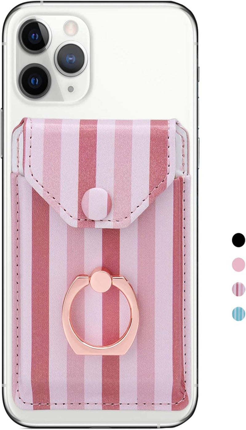 YUNCE RFID Ring Stand Stick on Wallet Card Holder for Back of Phone for iPhone Android and All Smartphones Adhesive Credit Card Holder for Cell Phone-Pink Striped - Image 1