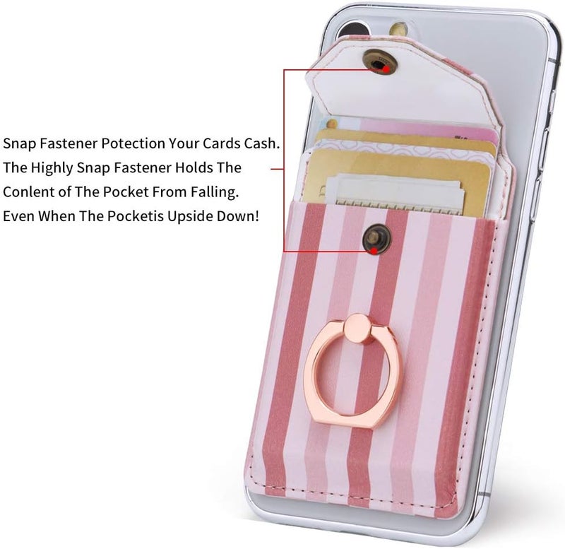 YUNCE RFID Ring Stand Stick on Wallet Card Holder for Back of Phone for iPhone Android and All Smartphones Adhesive Credit Card Holder for Cell Phone-Pink Striped - Image 3