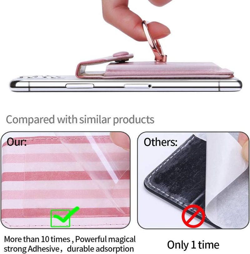 YUNCE RFID Ring Stand Stick on Wallet Card Holder for Back of Phone for iPhone Android and All Smartphones Adhesive Credit Card Holder for Cell Phone-Pink Striped - Image 4