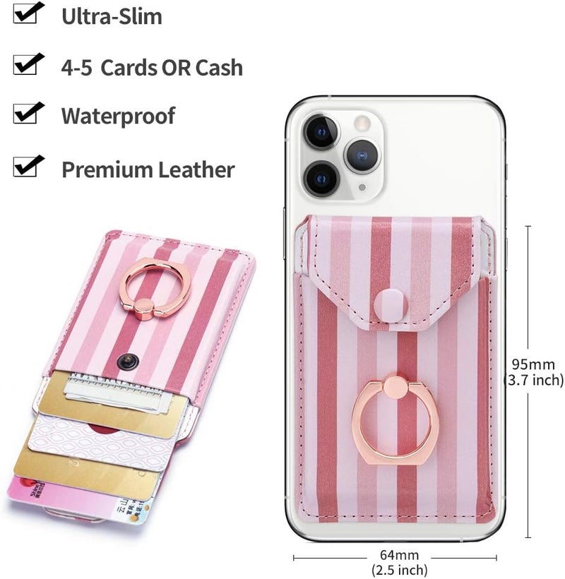YUNCE RFID Ring Stand Stick on Wallet Card Holder for Back of Phone for iPhone Android and All Smartphones Adhesive Credit Card Holder for Cell Phone-Pink Striped - Image 2