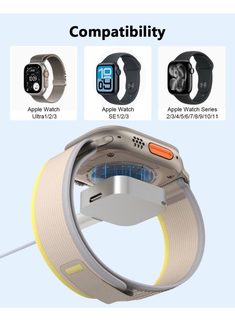 شاحن مغناطيسي محمول بقدرة 5 واط لساعة Apple Watch مع موصلي USB-C وLightning، شاحن سفر بتصميم ميدالية مفاتيح متوافق مع Ultra 3 وSeries 11 و10 و9 و8 و7 و6 وSE 3 وSE 2 و5 و4 و3 و2، فضي - Image 3