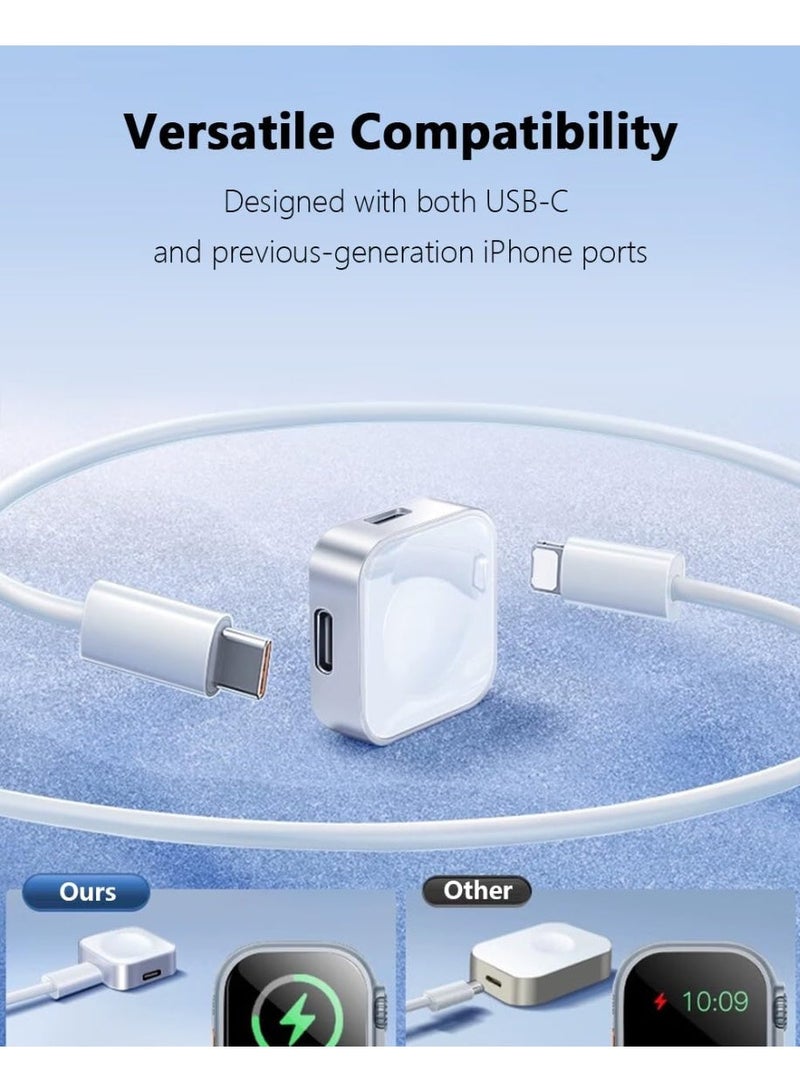 شاحن مغناطيسي محمول بقدرة 5 واط لساعة Apple Watch مع موصلي USB-C وLightning، شاحن سفر بتصميم ميدالية مفاتيح متوافق مع Ultra 3 وSeries 11 و10 و9 و8 و7 و6 وSE 3 وSE 2 و5 و4 و3 و2، فضي - Image 2