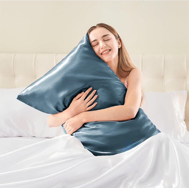 Go well Satin Silk Pillow Covers Pack of 2 for Hair and Skin-with Satin Scrunchies for Women Stylish|Satin Pillow Cover for Hair and Skin|scrunchies for Women 3-Piece|Silk Pillow case(Bluesteel)600TC - Image 3