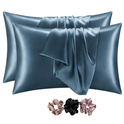 Go well Satin Silk Pillow Covers Pack of 2 for Hair and Skin-with Satin Scrunchies for Women Stylish|Satin Pillow Cover for Hair and Skin|scrunchies for Women 3-Piece|Silk Pillow case(Bluesteel)600TC - Image 1