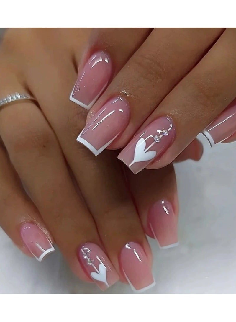 Goolsky Premium Medium-Long Press-on Nails with White French & Heart Rhinestones for Classic Sweetness - Image 1