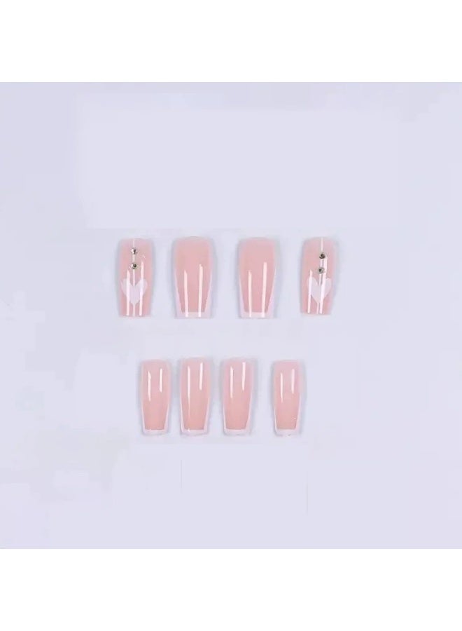 Goolsky Premium Medium-Long Press-on Nails with White French & Heart Rhinestones for Classic Sweetness - Image 3