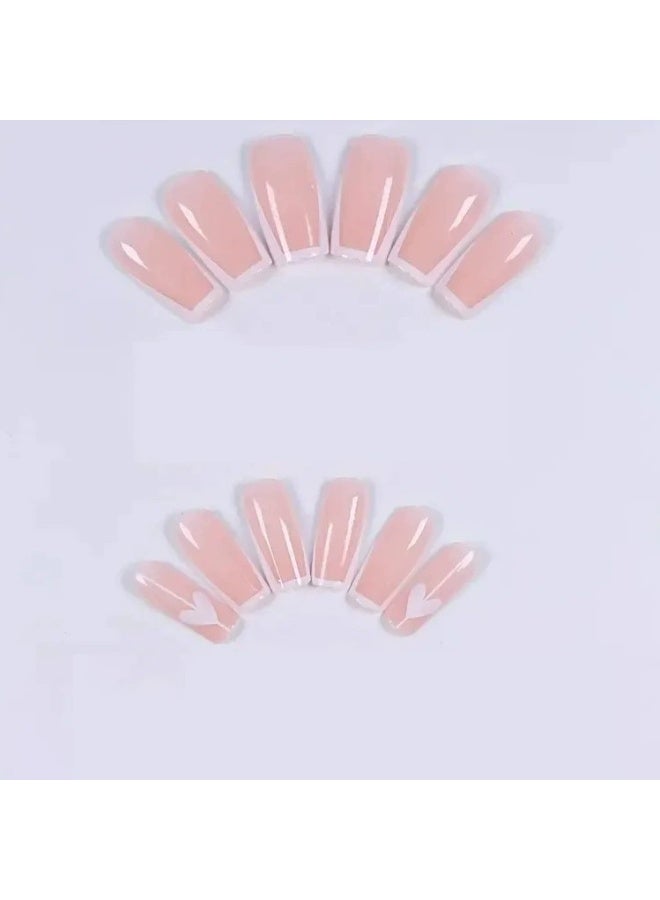 Goolsky Premium Medium-Long Press-on Nails with White French & Heart Rhinestones for Classic Sweetness - Image 2