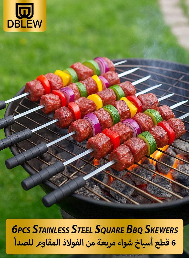 DBLEW 6 قطع من أسياخ الشواء المصنوعة من الفولاذ المقاوم للصدأ ذات رأس مربع مدبب مع مقبض خشبي أسود (50 سم) - Image 2