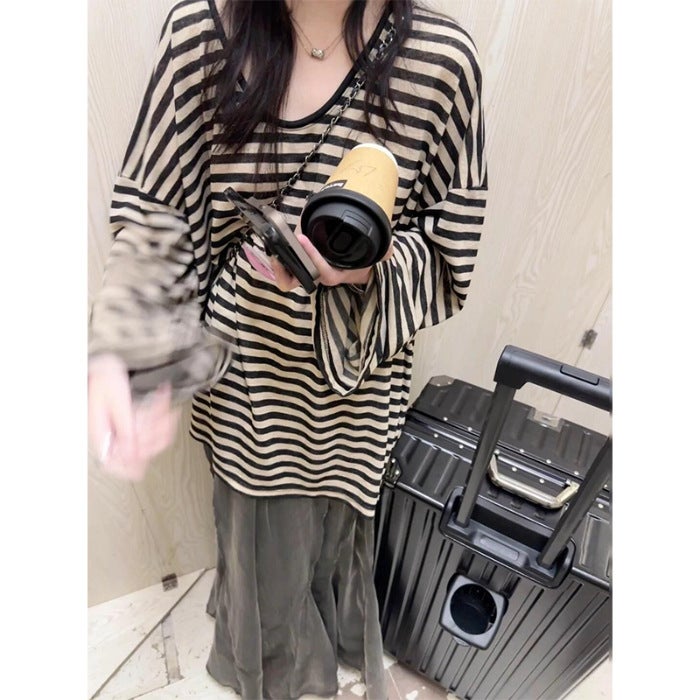 Gastrodia striped horn long sleeve sunscreen T-shirt womens summer thin oversize relaxed-fit lazy style blouse top black tea