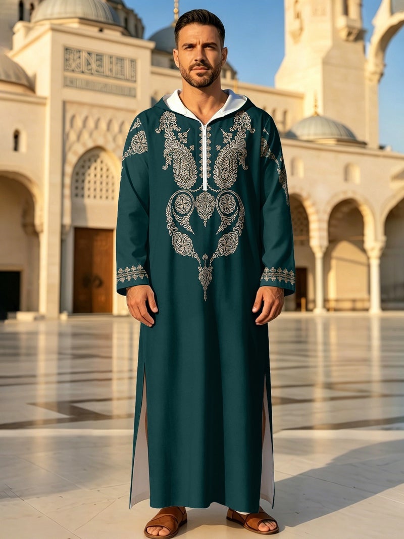 Men's Summer Moroccan Hooded 3D Digital Print Loose Kurta - Image 1