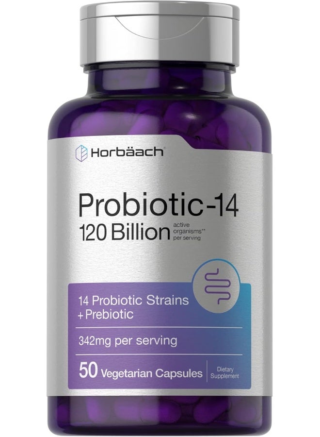 Horbäach Probiotics 120 Billion CFU | with Prebiotics for Women & Men | 50 Capsules | Vegetarian, Non-GMO & Gluten Free Supplement | by Horbaach - Image 1