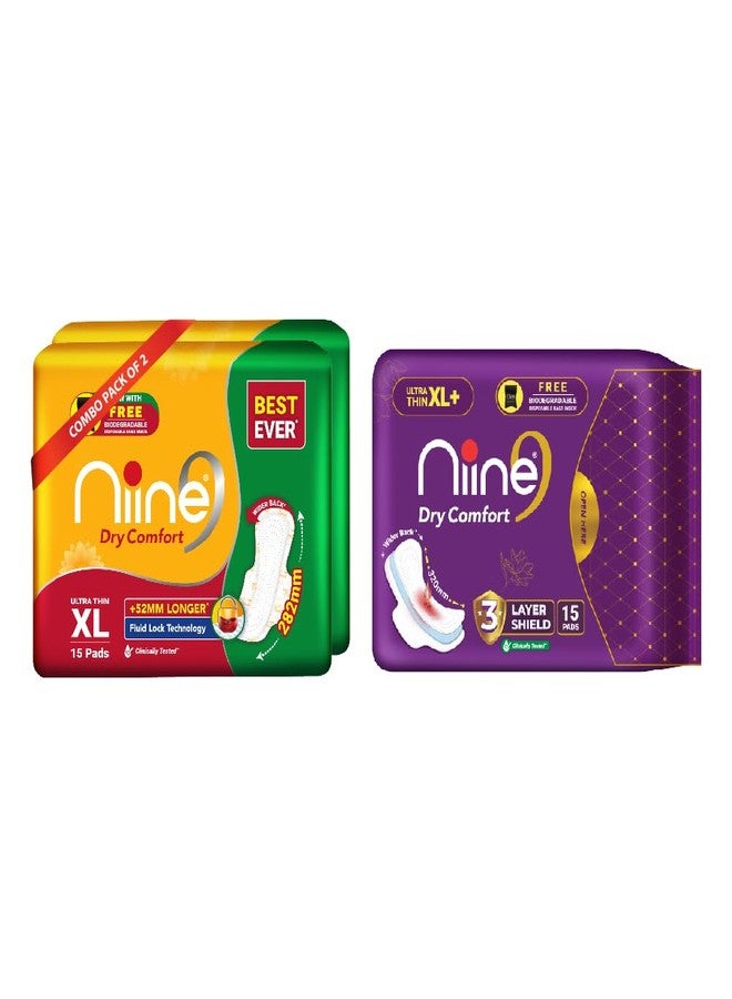 Niine Dry Comfort (XL, XL+) 45 Ultra-Thin Pads | Day & Night Protection | With Fluid Lock Gel & Comfortable |Disposable Bags| for Heavy Flow - Combo of 2 - Image 1