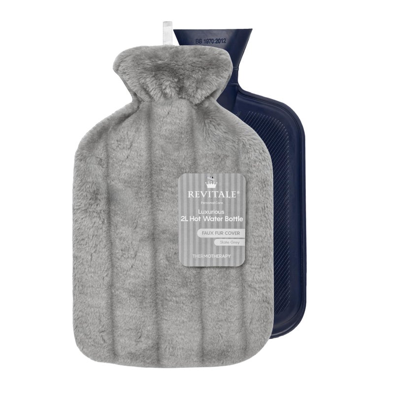 Revitale Luxury Cosy Hot Water Bottle 2 Litre, Soft Cover, Single Ribbed Natural Rubber 2025, British Standard BS1970:2012, Durable & Leak-Resistant (Slate Grey) - Image 1