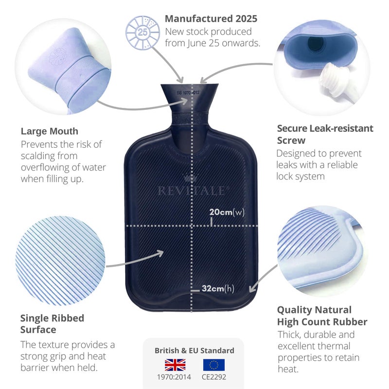 Revitale Luxury Cosy Hot Water Bottle 2 Litre, Soft Cover, Single Ribbed Natural Rubber 2025, British Standard BS1970:2012, Durable & Leak-Resistant (Slate Grey) - Image 5
