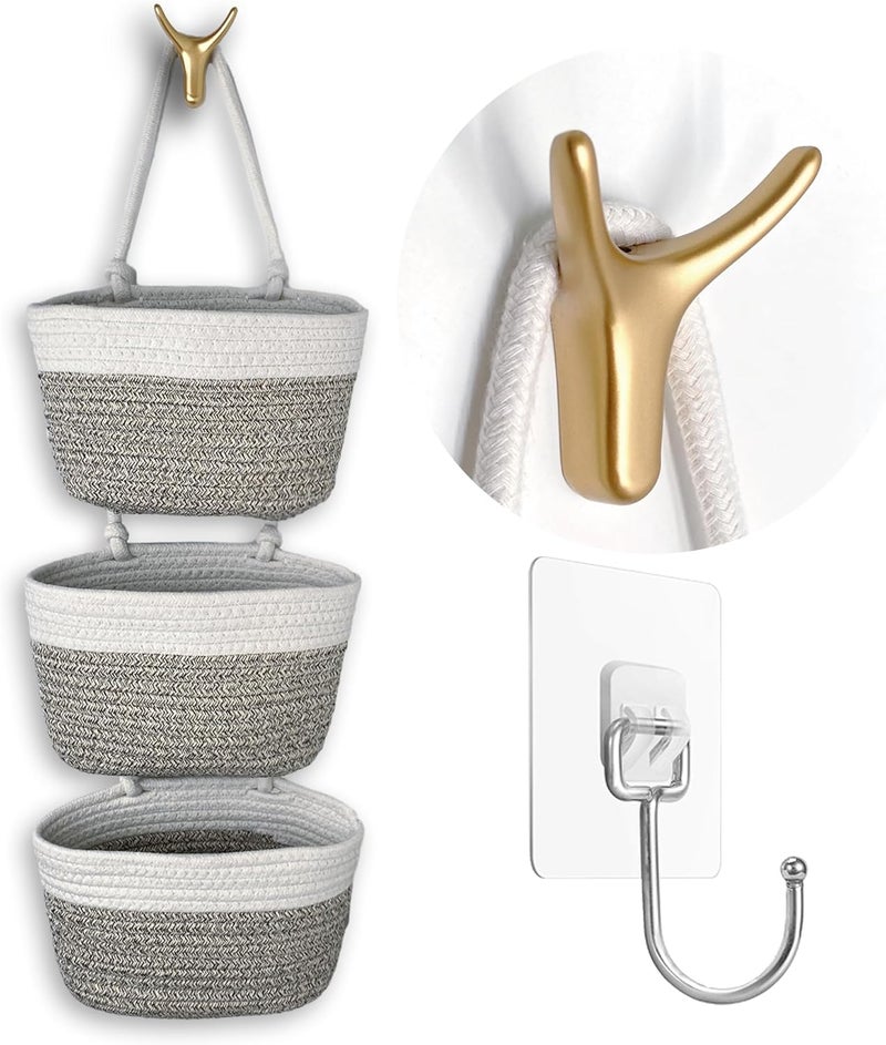 HaoTuJoho 3-Tier Decorative Cotton Rope Hanging Basket, Wall-Mounted Woven Storage Organizer Bag, White + Gray - Image 1