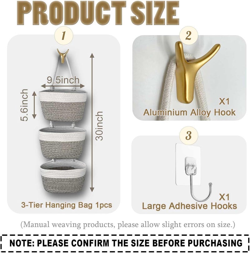 HaoTuJoho 3-Tier Decorative Cotton Rope Hanging Basket, Wall-Mounted Woven Storage Organizer Bag, White + Gray - Image 2