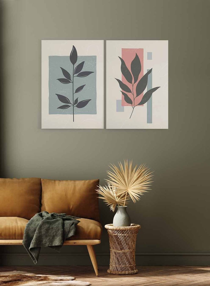 LOWHA Set of 2 Framed Canvas Wall Arts Stretched Over Wooden Frame, Abstract Botanical Flower Leaves Paintings, For Home, Living Room, Office Décor - Image 1