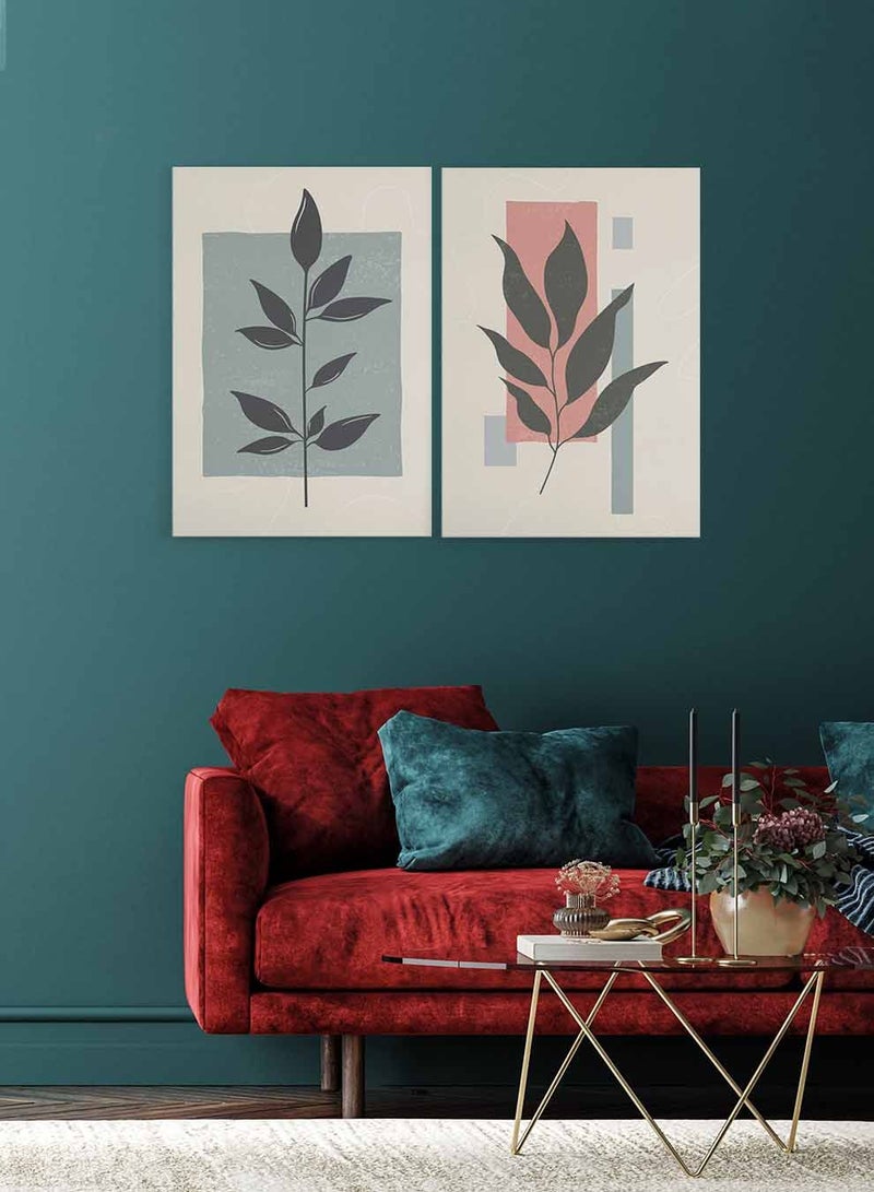 LOWHA Set of 2 Framed Canvas Wall Arts Stretched Over Wooden Frame, Abstract Botanical Flower Leaves Paintings, For Home, Living Room, Office Décor - Image 2