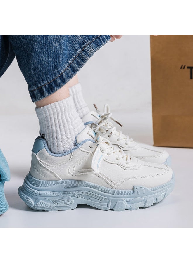 Pull Back Warrior Women's Thick Sole Dad Sneakers  New Casual Sports Shoes Wbn0580 Beige Blue Size 35 - Image 4