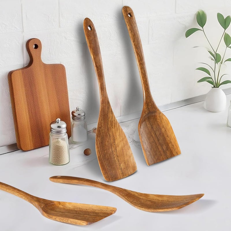 TEZZ Wooden Spatulas, 2 PCs Natural Acacia Wooden Cooking Utensils Set for Non-stick Pan Kitchen Tool, flipping and Wok Spatula, Wooden Spoons & Spurtle for Cooking - Image 4