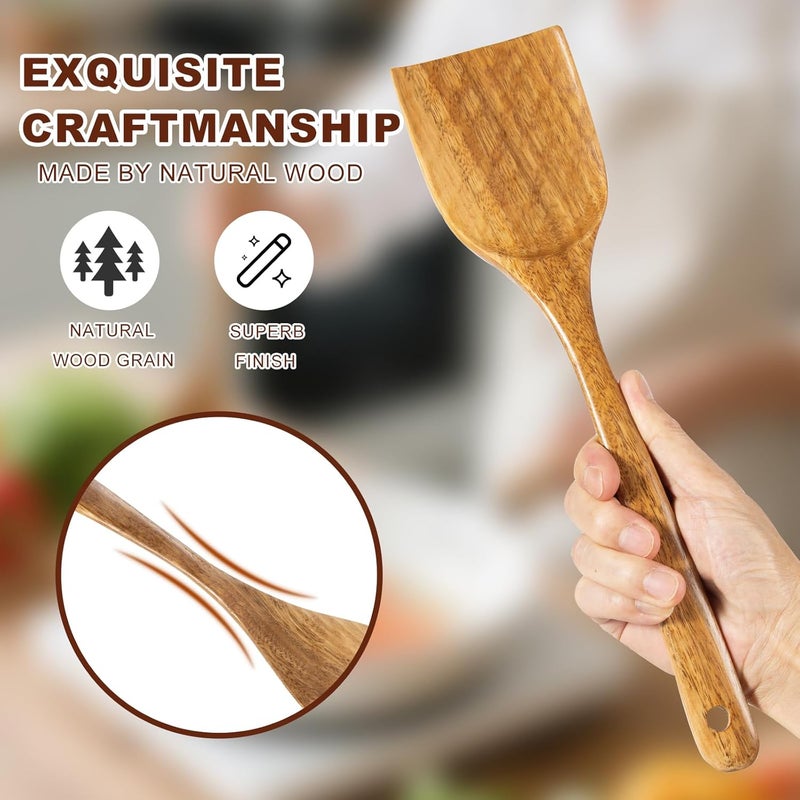 TEZZ Wooden Spatulas, 2 PCs Natural Acacia Wooden Cooking Utensils Set for Non-stick Pan Kitchen Tool, flipping and Wok Spatula, Wooden Spoons & Spurtle for Cooking - Image 5