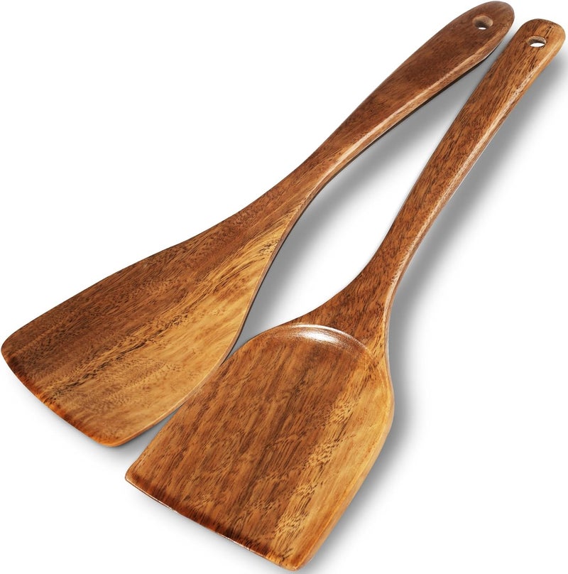 TEZZ Wooden Spatulas, 2 PCs Natural Acacia Wooden Cooking Utensils Set for Non-stick Pan Kitchen Tool, flipping and Wok Spatula, Wooden Spoons & Spurtle for Cooking - Image 1
