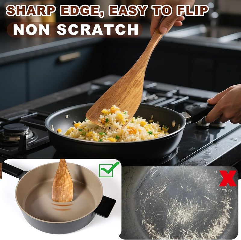 TEZZ Wooden Spatulas, 2 PCs Natural Acacia Wooden Cooking Utensils Set for Non-stick Pan Kitchen Tool, flipping and Wok Spatula, Wooden Spoons & Spurtle for Cooking - Image 3