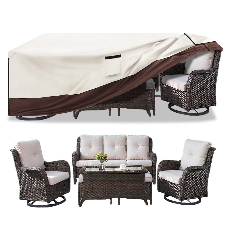 Aacabo Patio Furniture Cover for 5 Pieces Set-Waterproof 600D Oxford Fabric Cover for 5 PCS Outdoor Sets Wicker Metal Couch Rocking Glider Swivel Chairs Ottomans Sectional Sofa Dining Chair Beige - Image 1