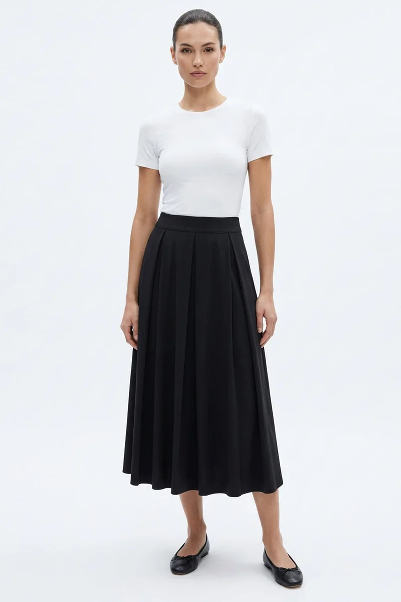 EXQUISE Pleated Pocket Woven Midi Skirt