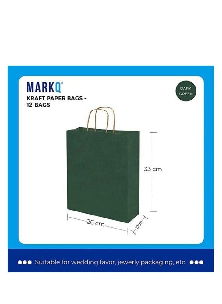 MARKQ Dark Green Paper bags with handles 33 x 26 x 12 cm Large Kraft Gift bags for Birthday Party Supplies, Weddings, Shopping, Presents (12 Bags)  - Image 3