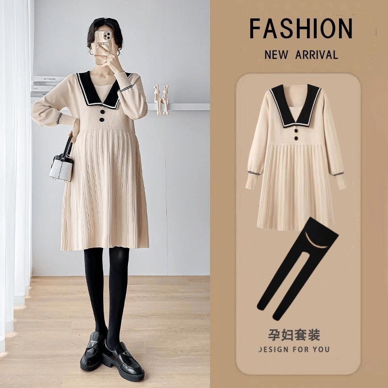 Chic Maternity Dress and Leggings Set for Fall apricot sweater  - Image 4