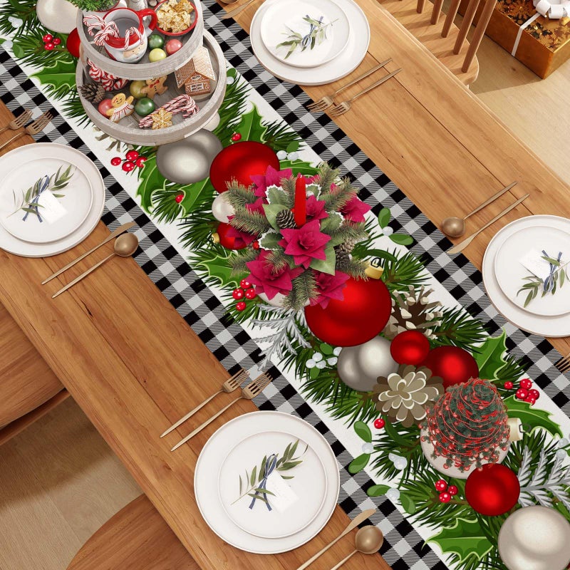Jiudungs Linen Black and White Buffalo Check Plaid Christmas Table Runner 36 Inches Long Farmhouse Winter Christmas Xmas Holiday Home Kitchen Table Decorations - Image 3